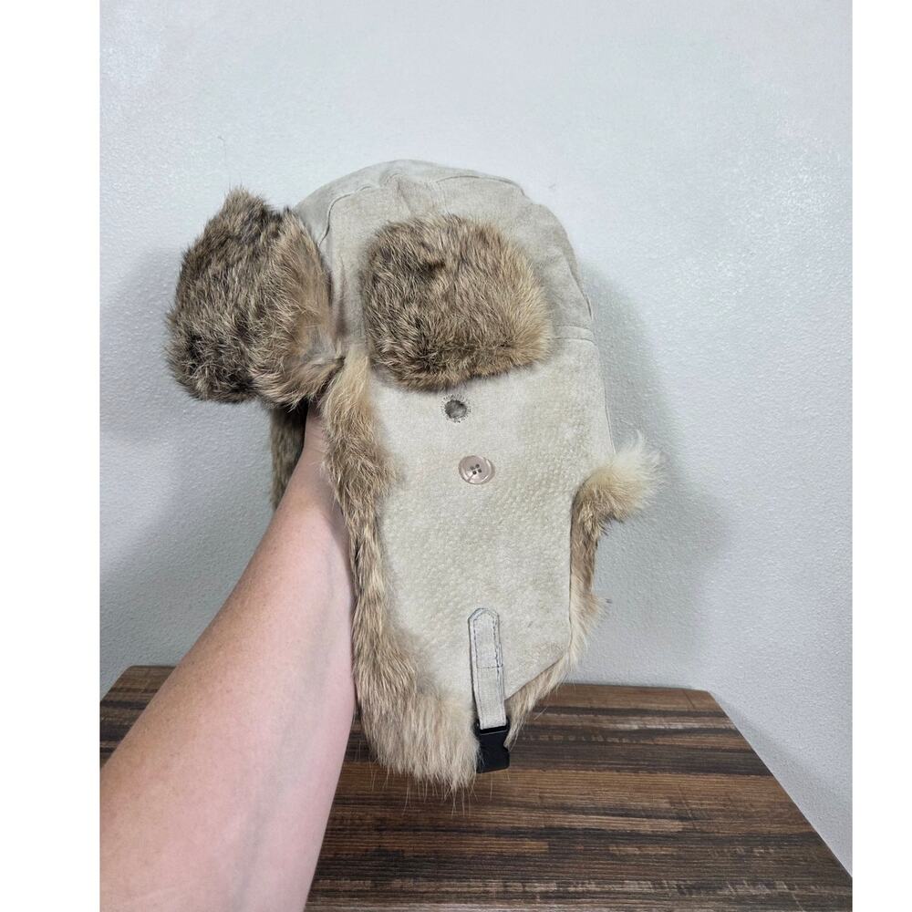 Crown Cap Split Suede Aviator Hat with Rabbit Fur Trim Tan Medium Trapper